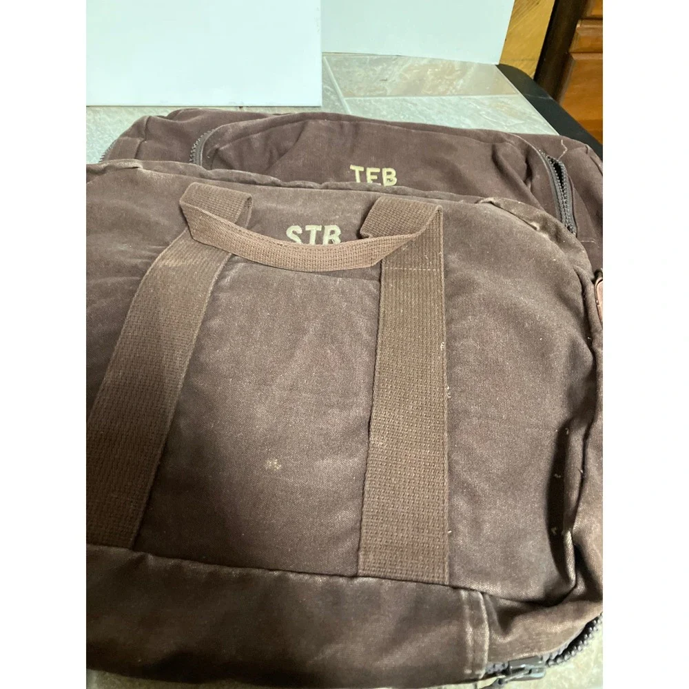 Lands End Square Rigger Vintage Brown Canvas Briefcase Laptop Bag Monogram TEB
